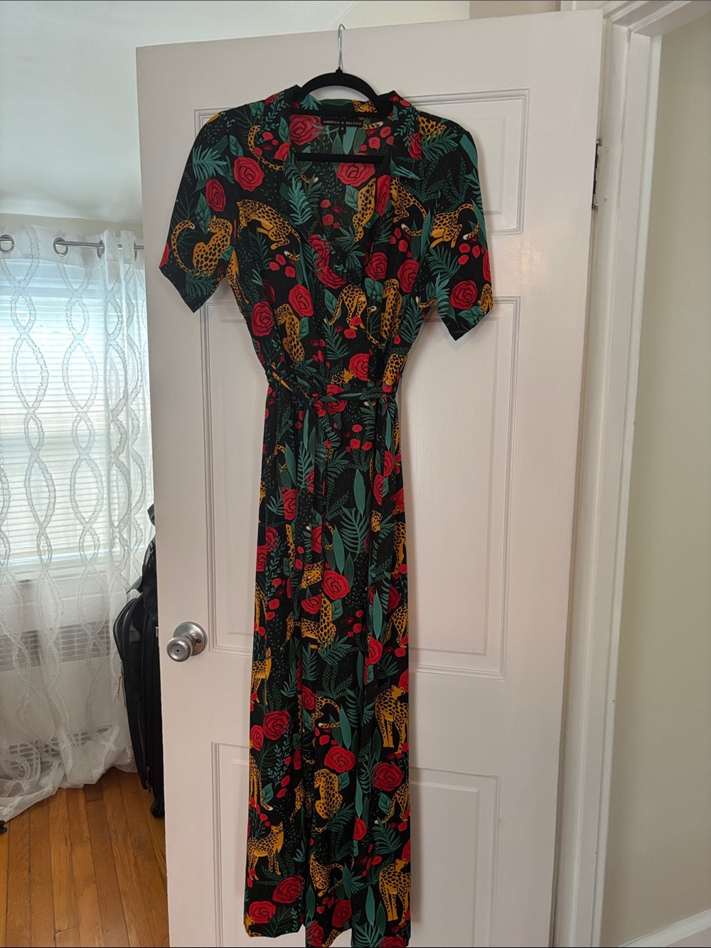 America & Beyond Black Floral & Leopard Print Jumpsuit, size Medium